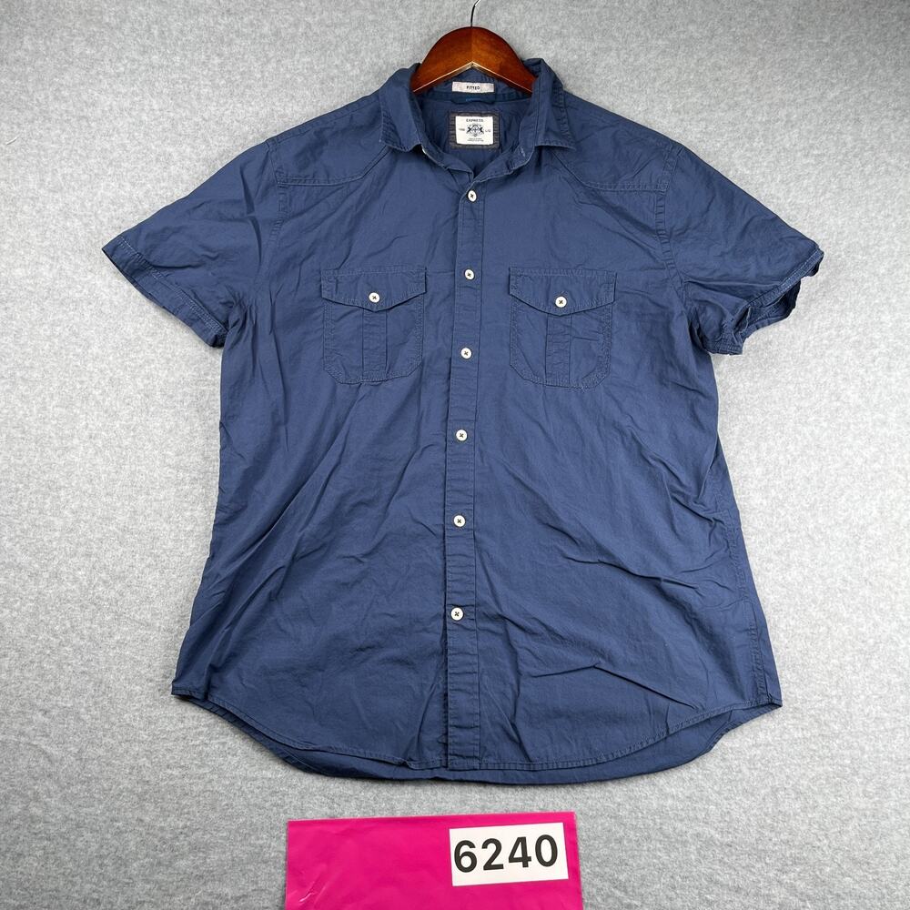 Express Fitted Shirt Navy Blue Casual Pocket Button Up Short Sleeve Mens Large